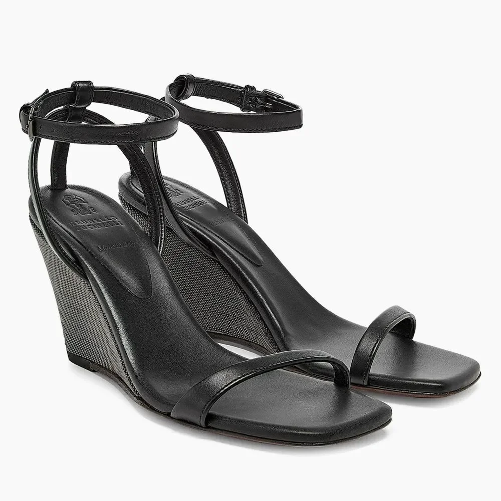 Brunello Cucinelli Monili Embellished Strappy Wedge Leather Sandals size 36